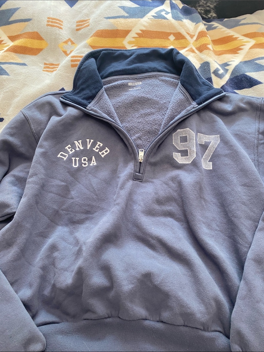 Hollister Slate Blue Half-Zip Sweatshirt with "97"